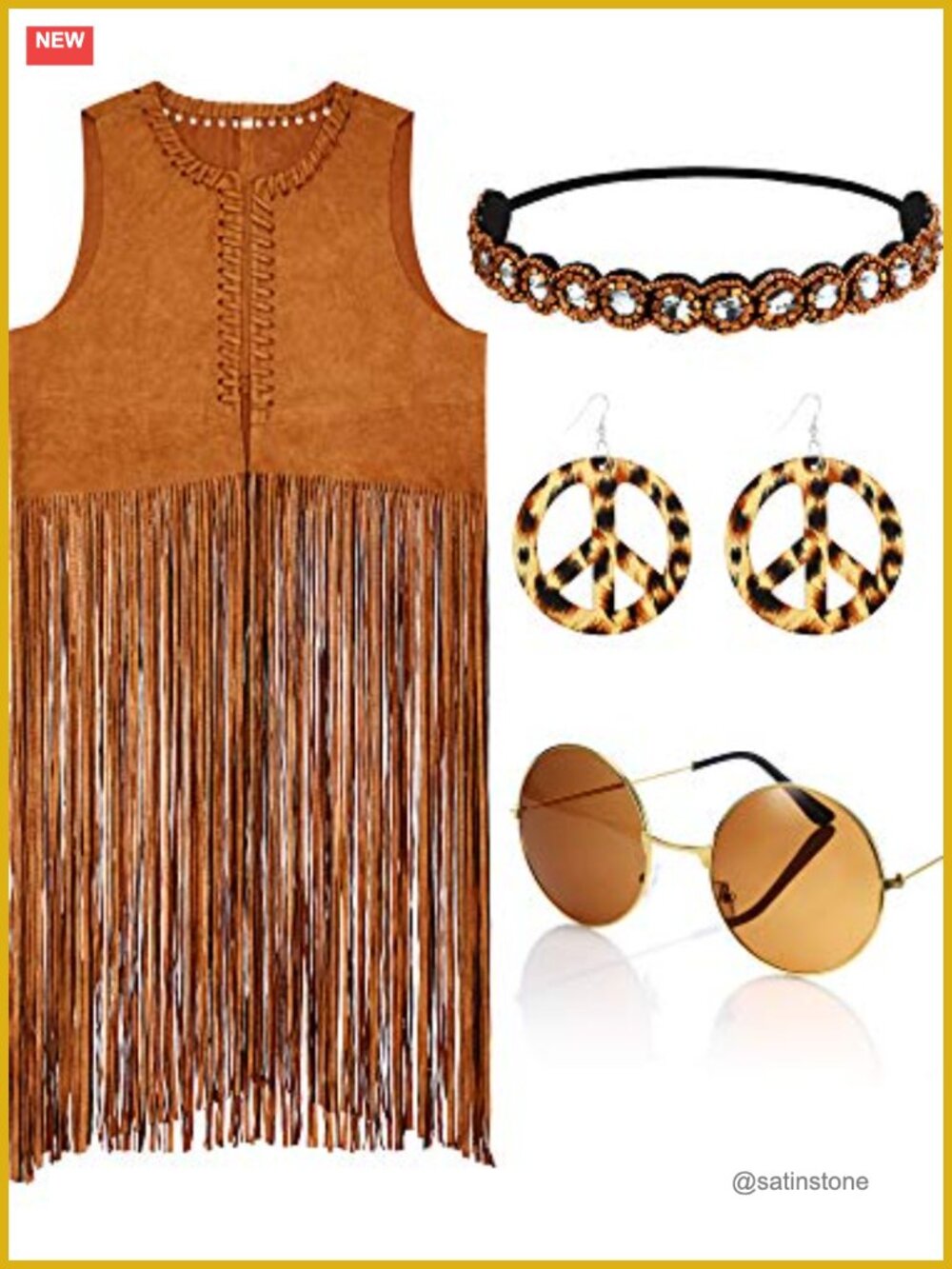 WILLBOND 4 Pc Hippie Costume Set Fringe Vest Leopard Earrings Headband Glasses